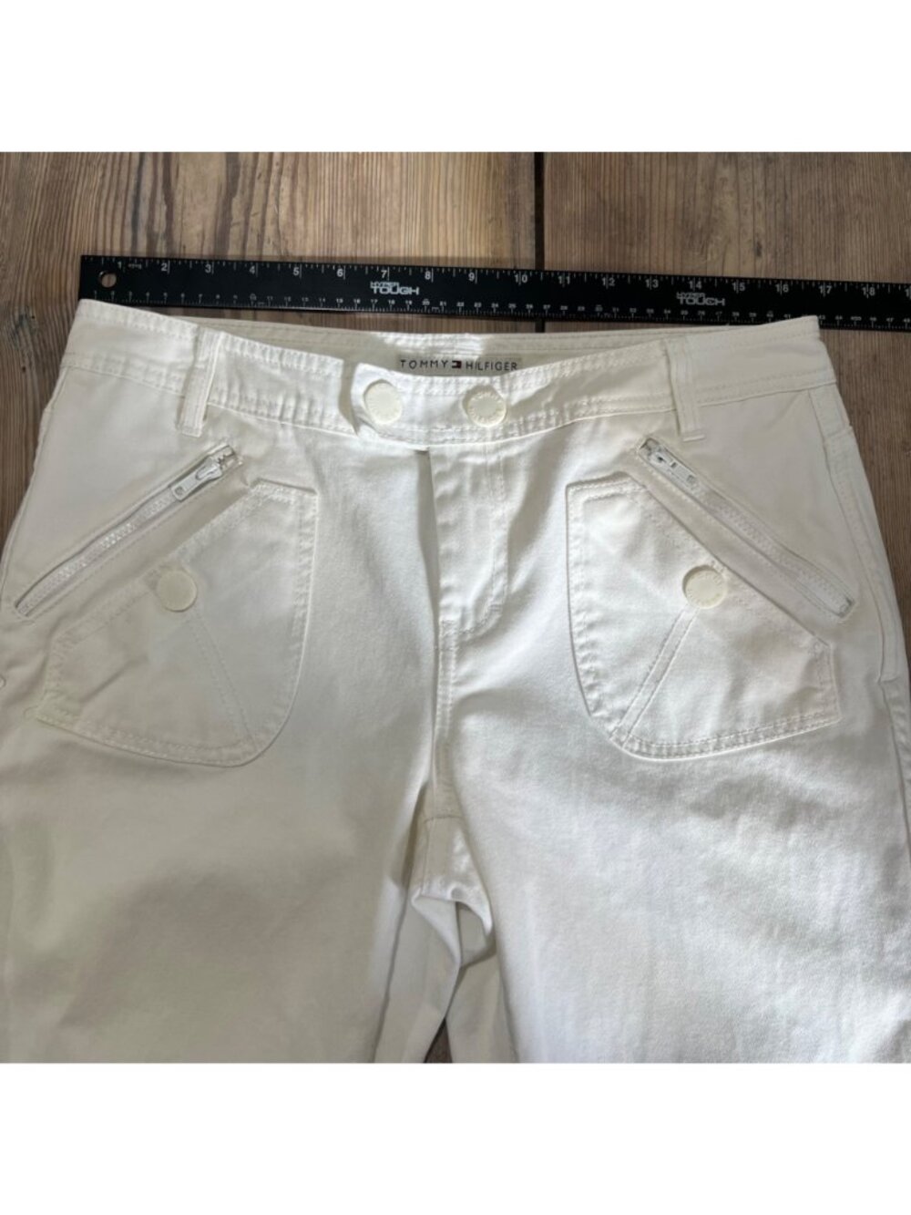 Tommy Hilfiger Flare Leg Cropped Pants Womens 12 White Canvas Pockets Y2J - Picture 7 of 10